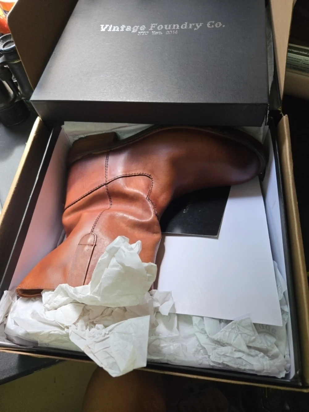 Vintage Foundry Co. Mens Alaina‎ cognac Leather Boots, Sz 11